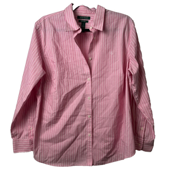 LRL Ralph Lauren~Women 1X~Pink & White Striped Non-Iron Career Preppy Shirt~ D11 - Picture 1 of 6